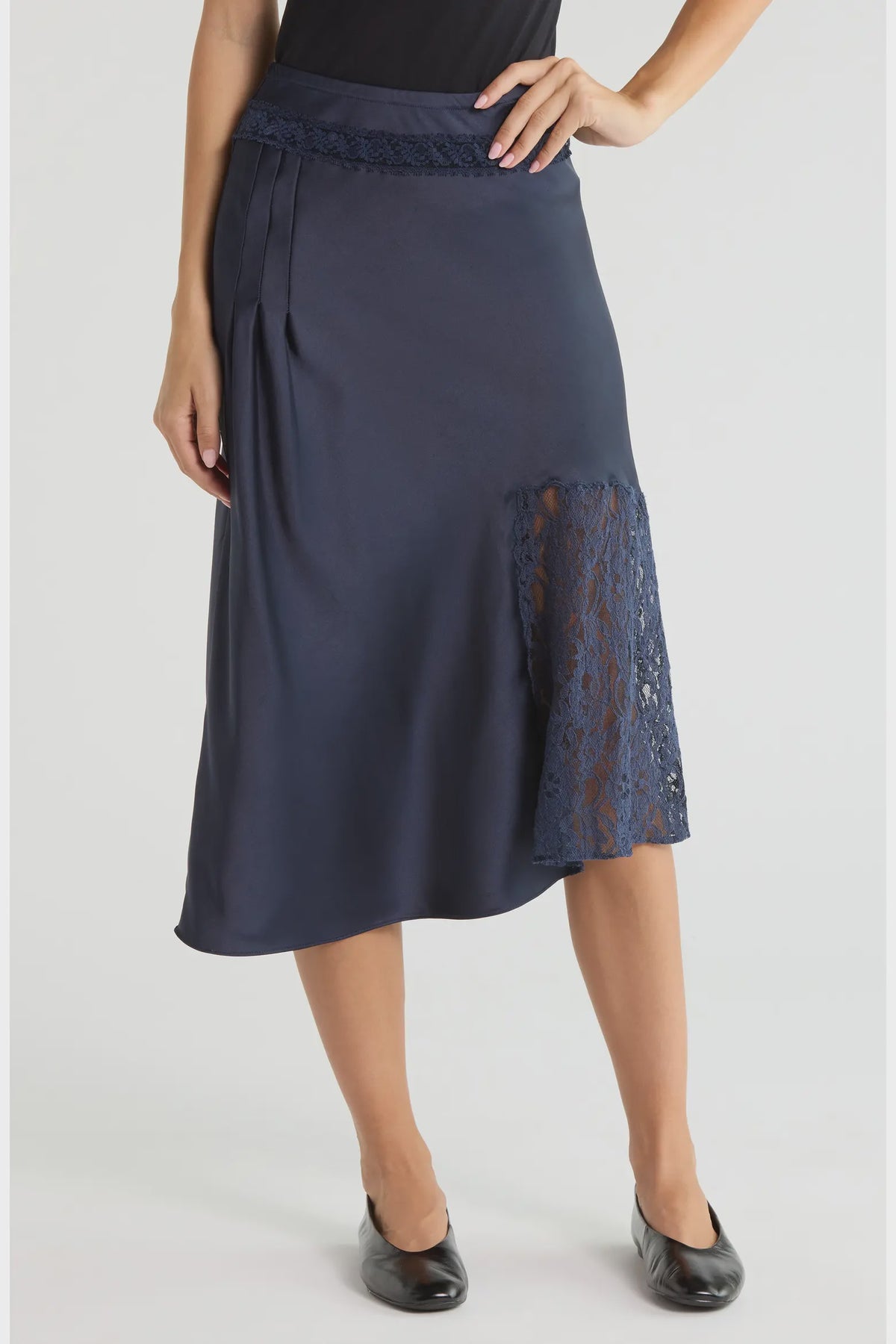 ELEA SATIN AND LACE MIDI SKIRT- NAVY
