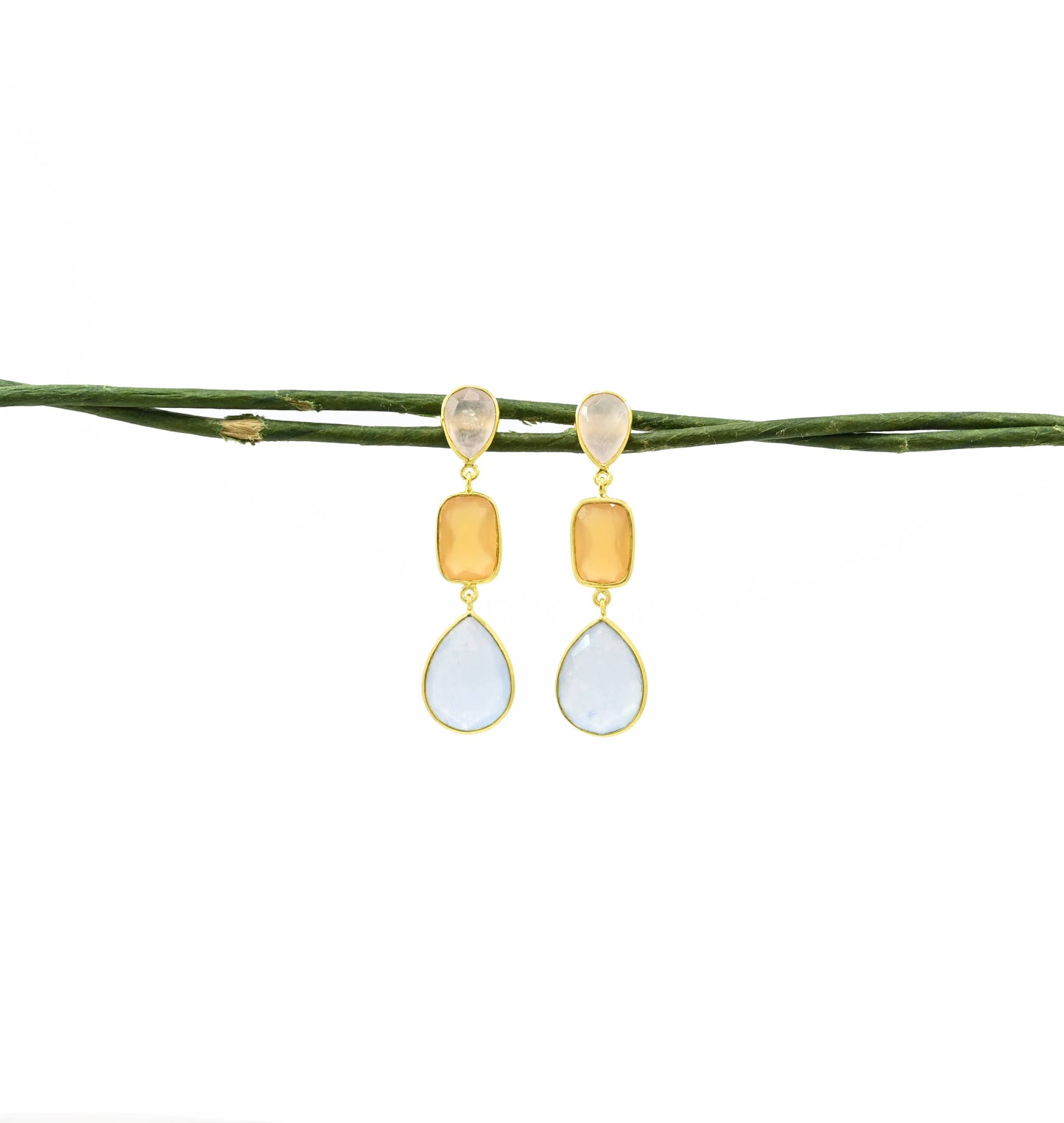Camila Earrings Gold - Peach Onyx, Rose Quartz & Purple Jade
