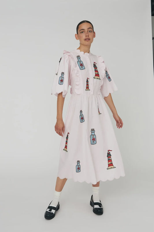 EMBROIDERED MIDI DRESS W/ SCALLOPS
