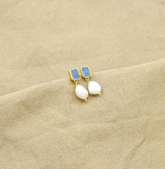 Freya Earrings Gold - Pearl & Blue Chalcedony